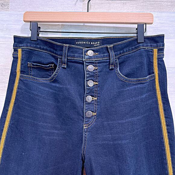 VERONICA BEARD Debbie 10" Frayed Dark Wash Tuxedo Stripe Skinny Jeans Womens 32 - Picture 2 of 7